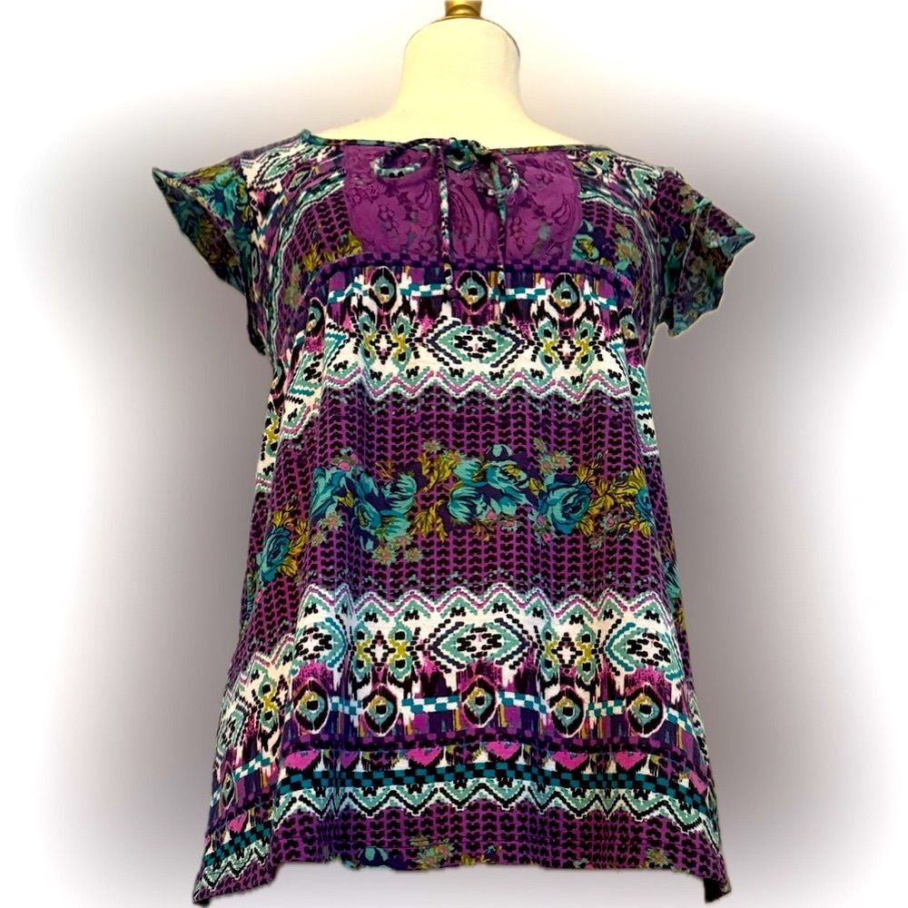 Self-Esteem multicolored top with a tie & lace!